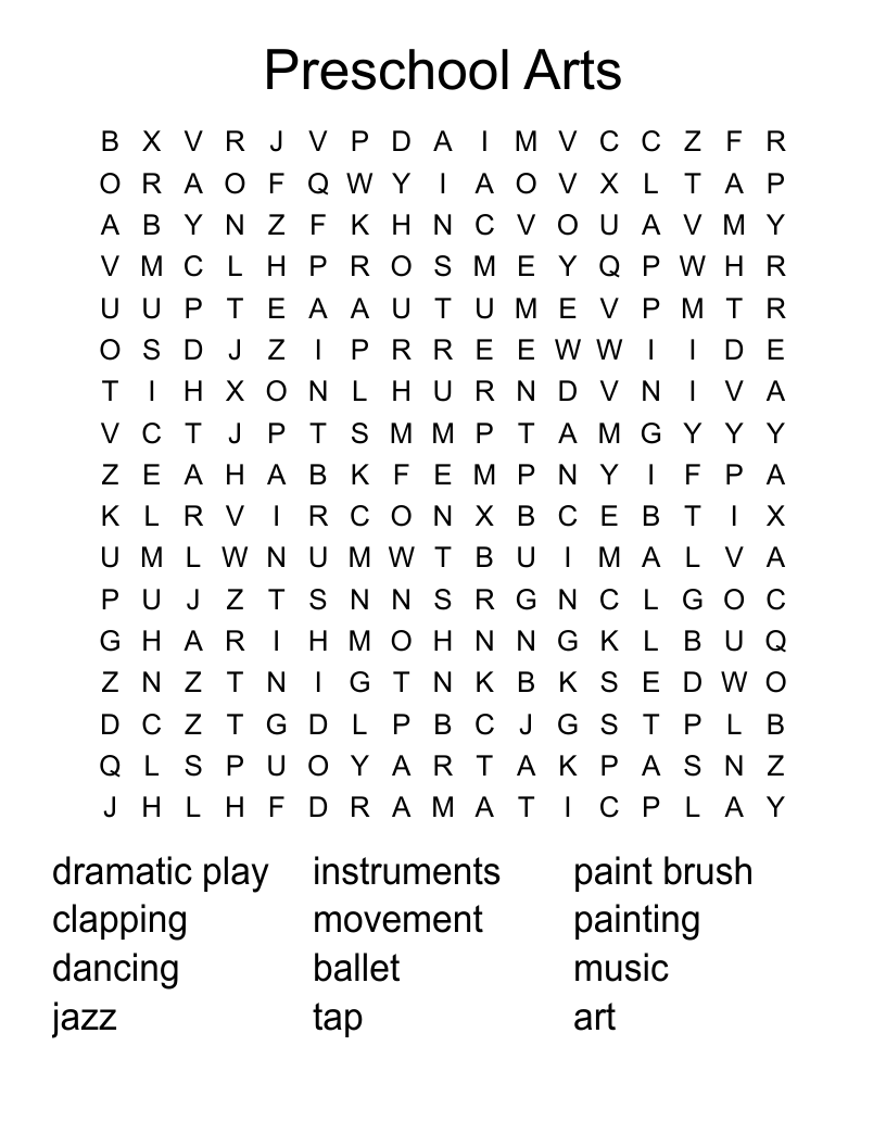 Preschool Arts Word Search