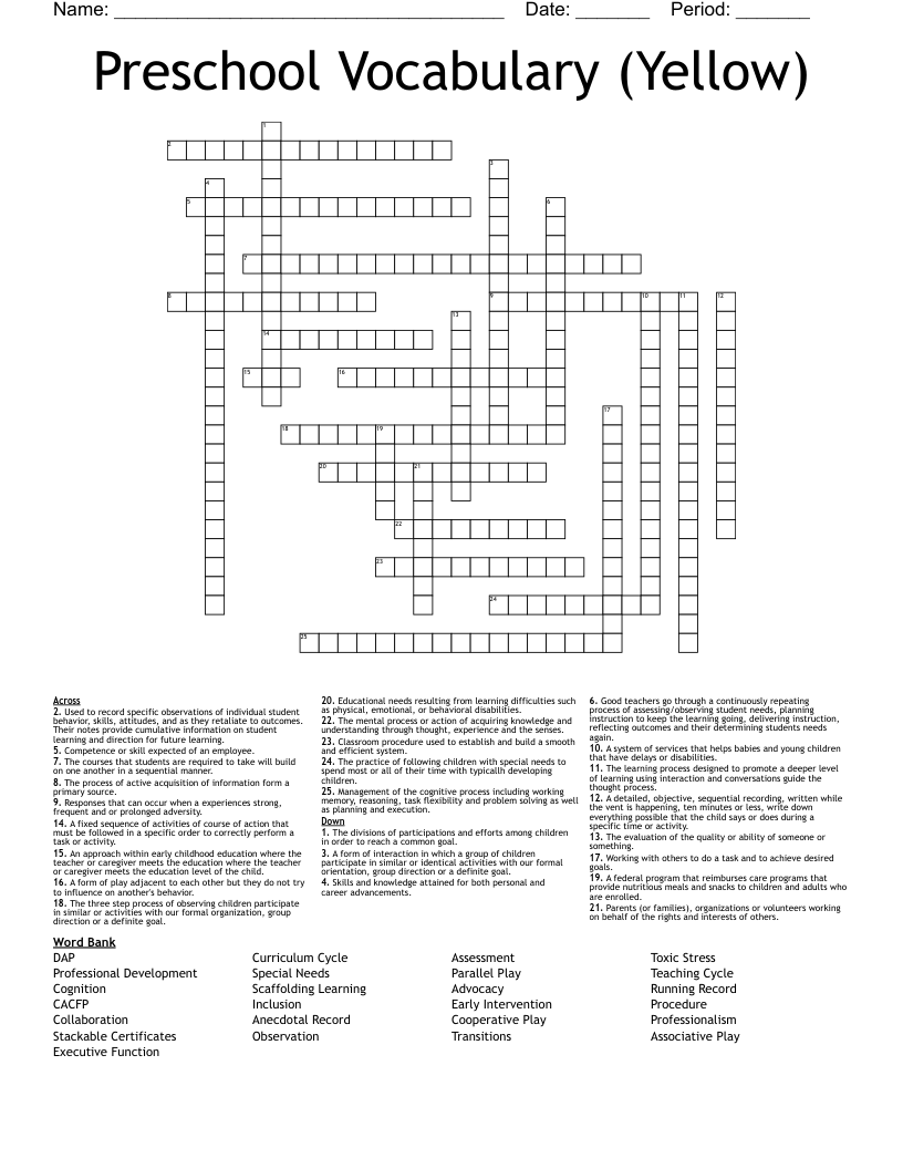 Preschool Vocabulary (Yellow) Crossword