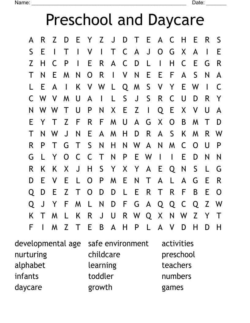Preschool and Daycare Word Search