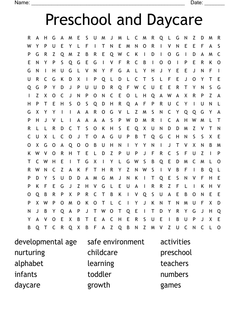 Preschool and Daycare Word Search