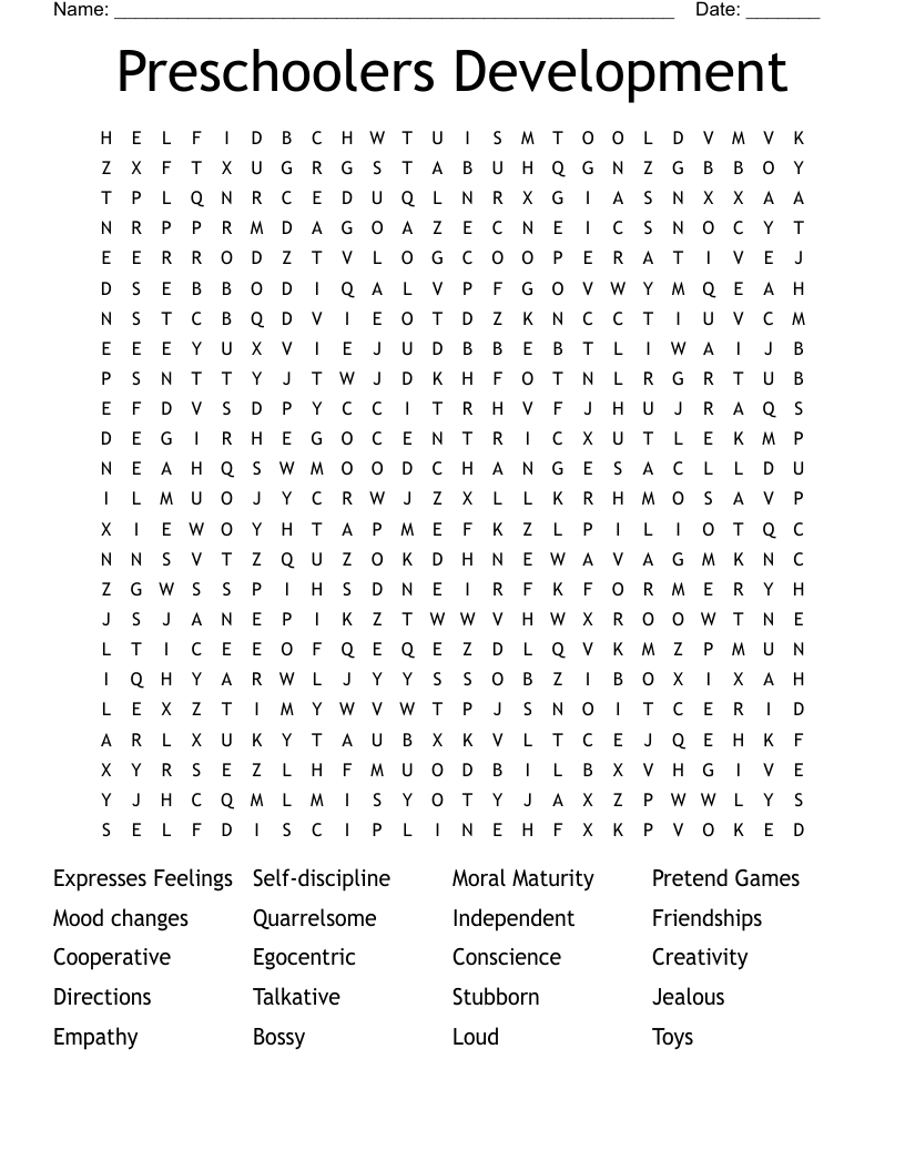 Preschoolers Development Word Search
