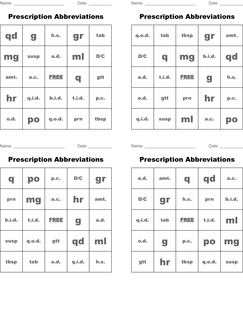 Prescription Abbreviations Bingo Cards