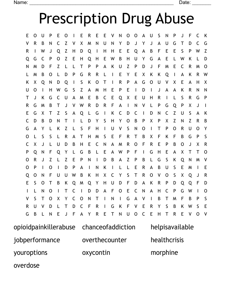 Prescription Drug Abuse Word Search