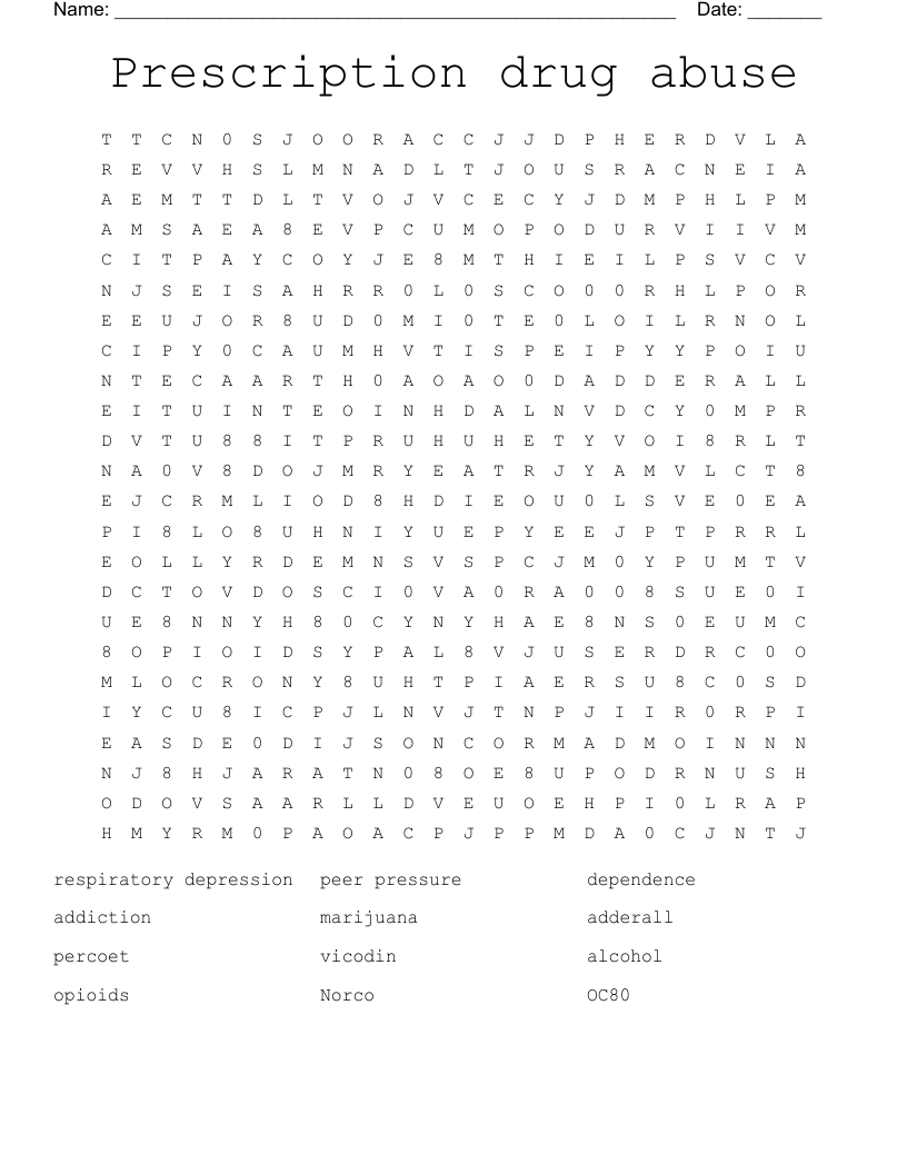 Prescription drug abuse  Word Search