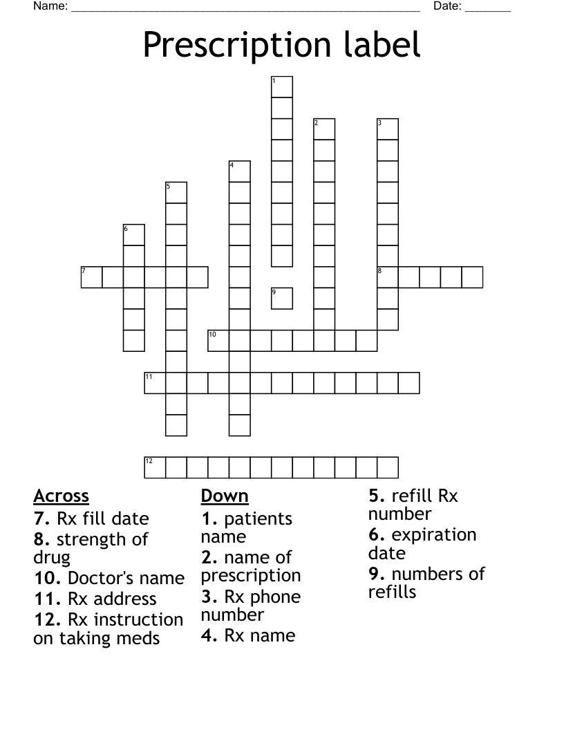 Prescription label Crossword