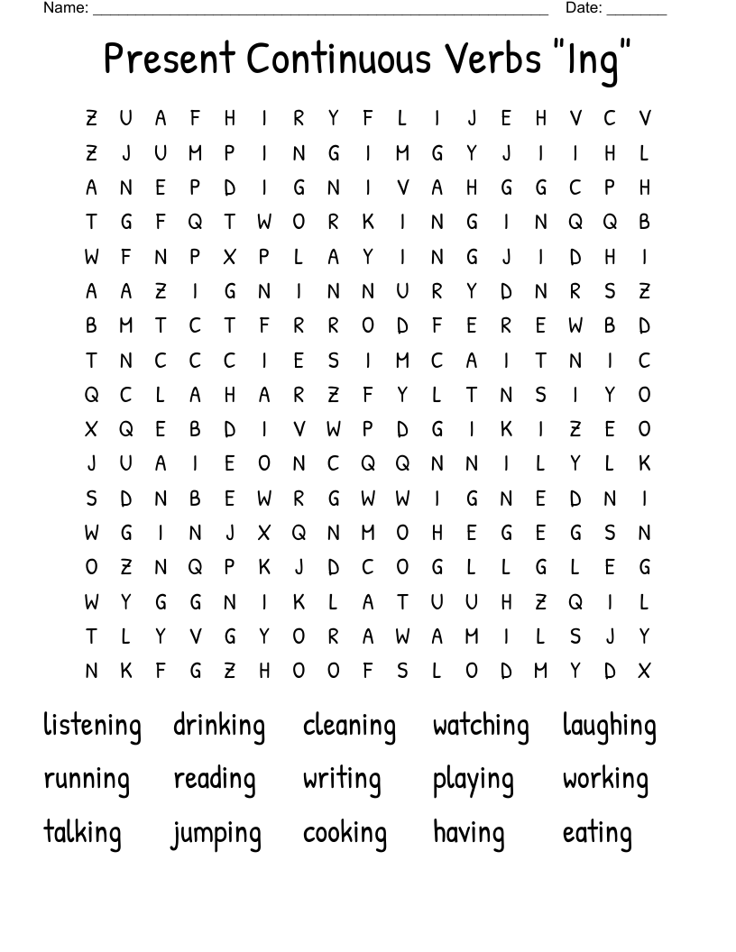 Present Continuous Verbs "Ing" Word Search