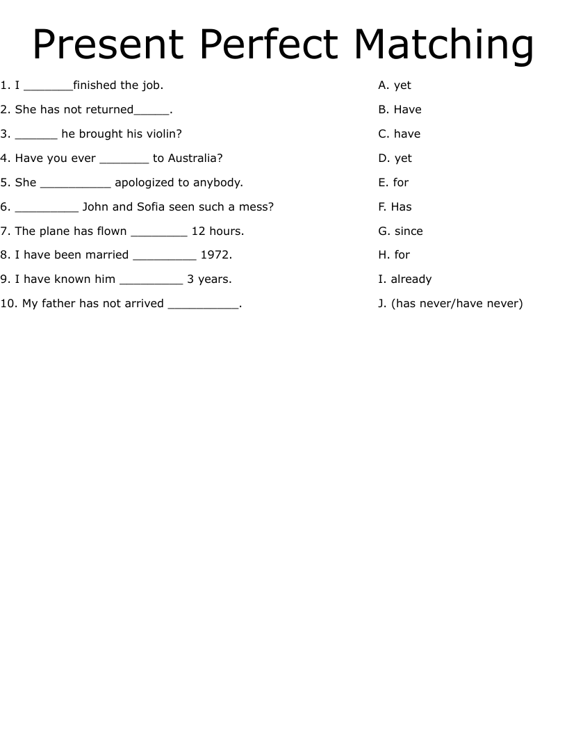 Present Perfect Matching Worksheet