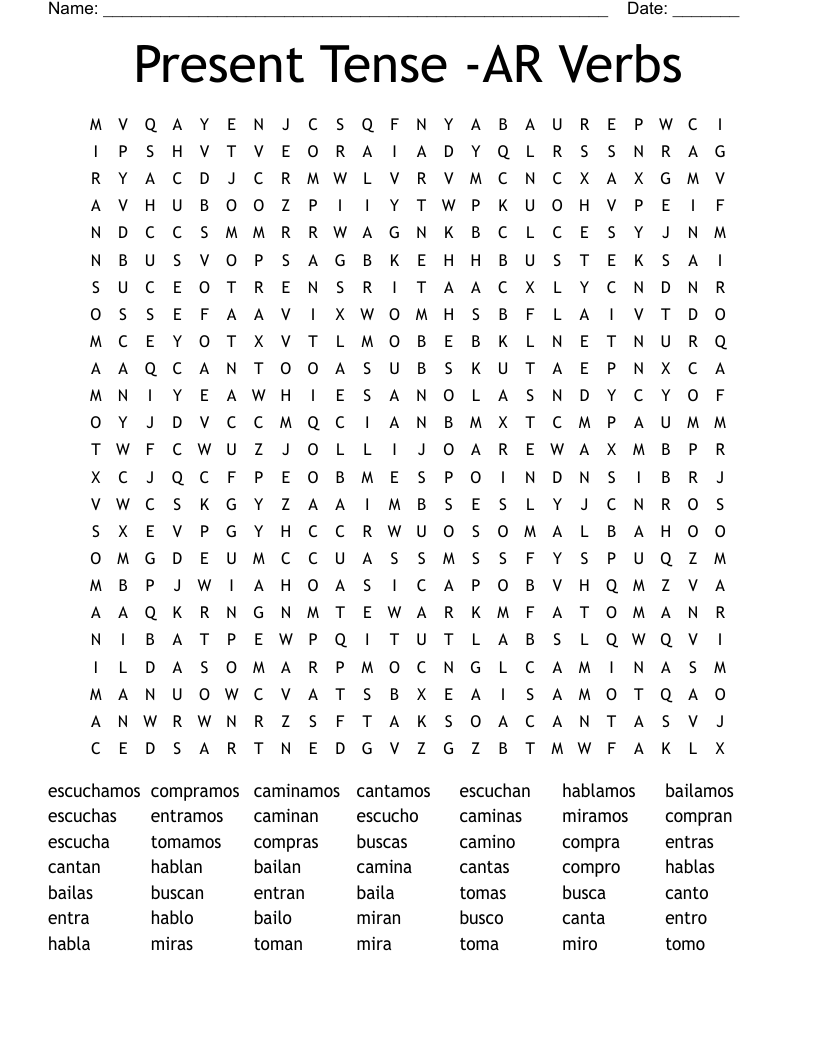 Present Tense -AR Verbs Word Search