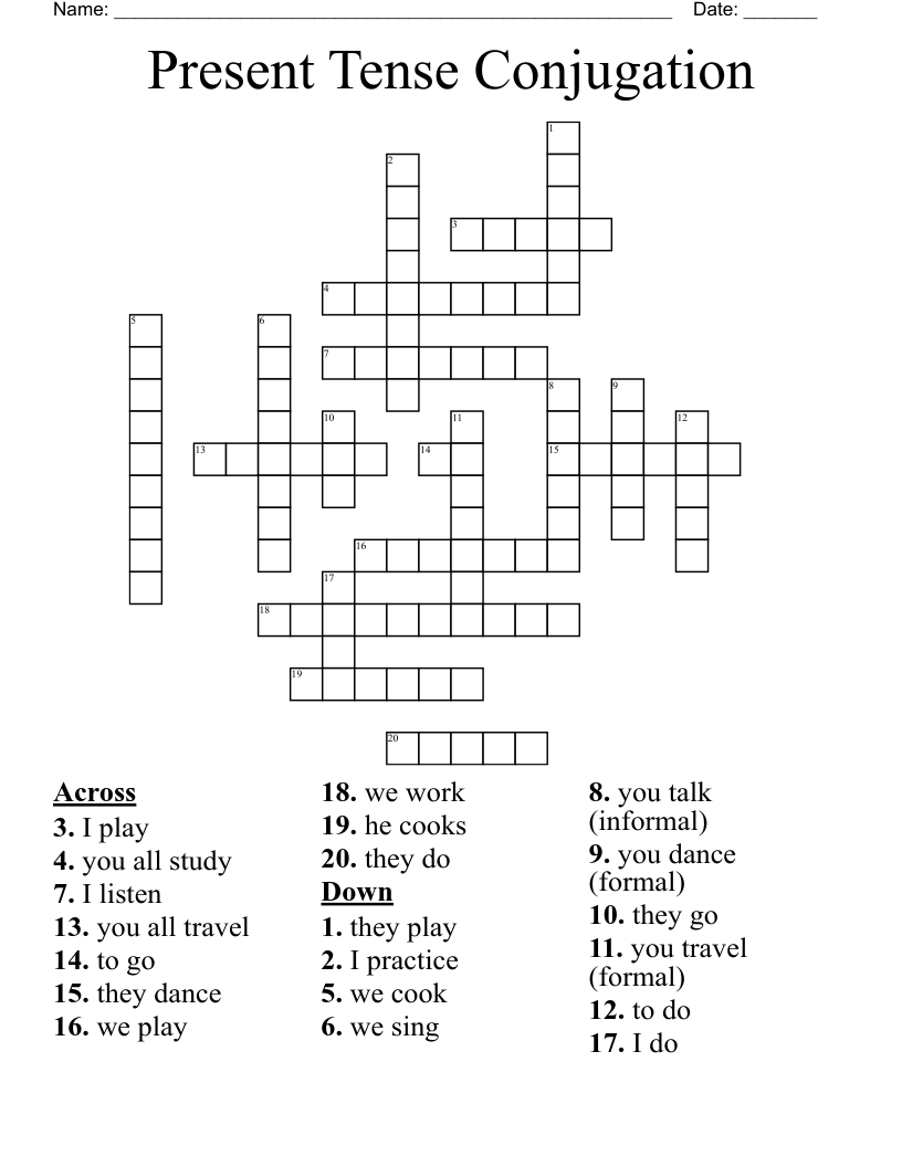 Present Tense Conjugation Crossword