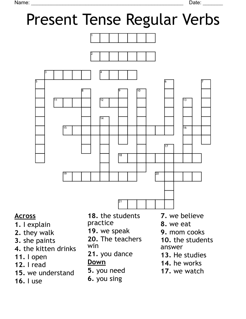 Present Tense Regular Verbs Crossword