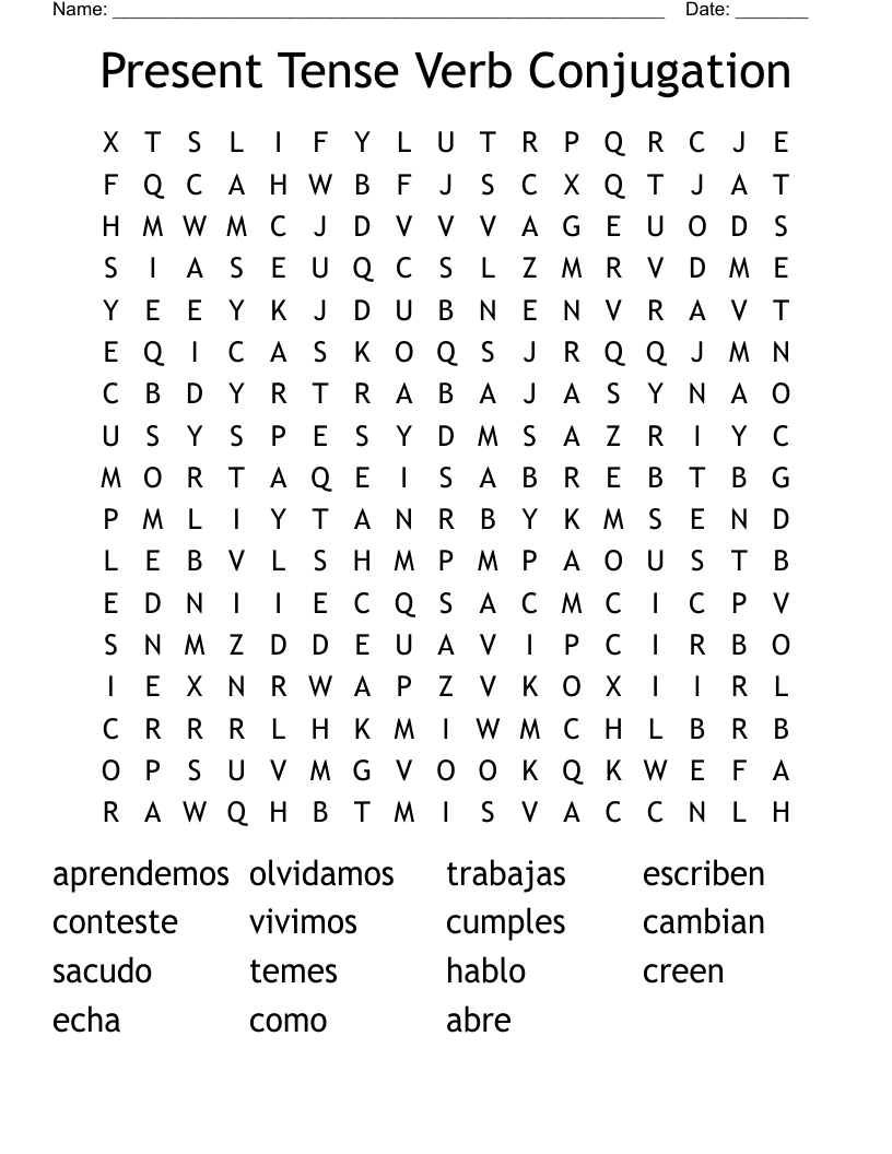 Present Tense Verb Conjugation  Word Search