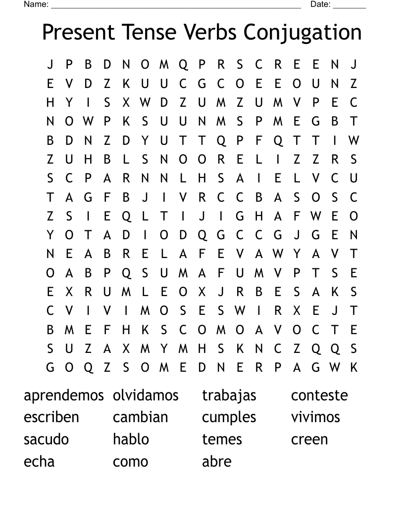 Present Tense Verbs Conjugation Word Search