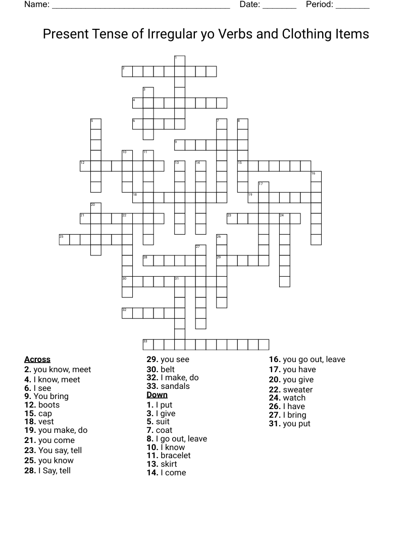 Present Tense of Irregular yo Verbs and Clothing Items Crossword