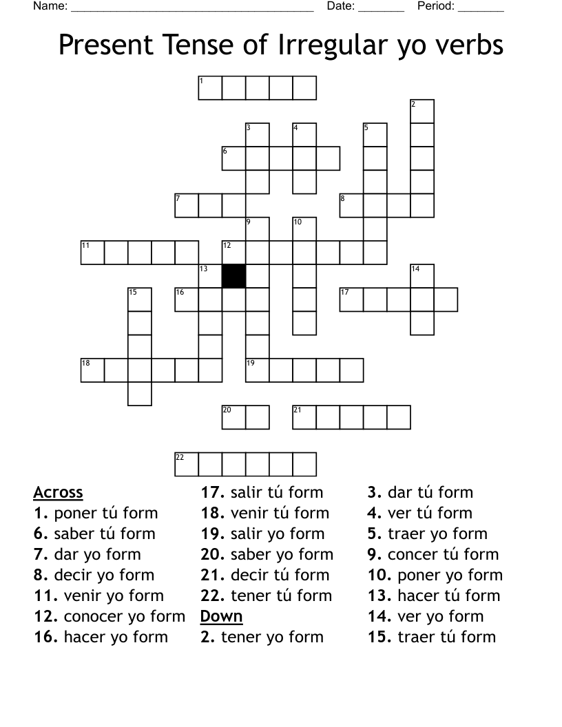 Present Tense of Irregular yo verbs Crossword