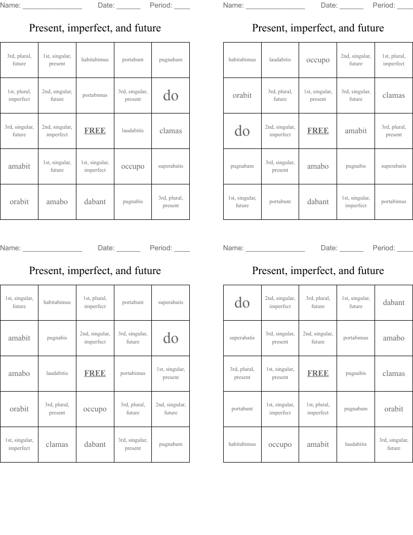 Present, imperfect, and future Bingo Cards