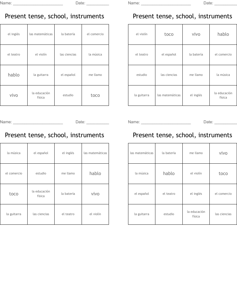 Present tense, school, instruments Bingo Cards