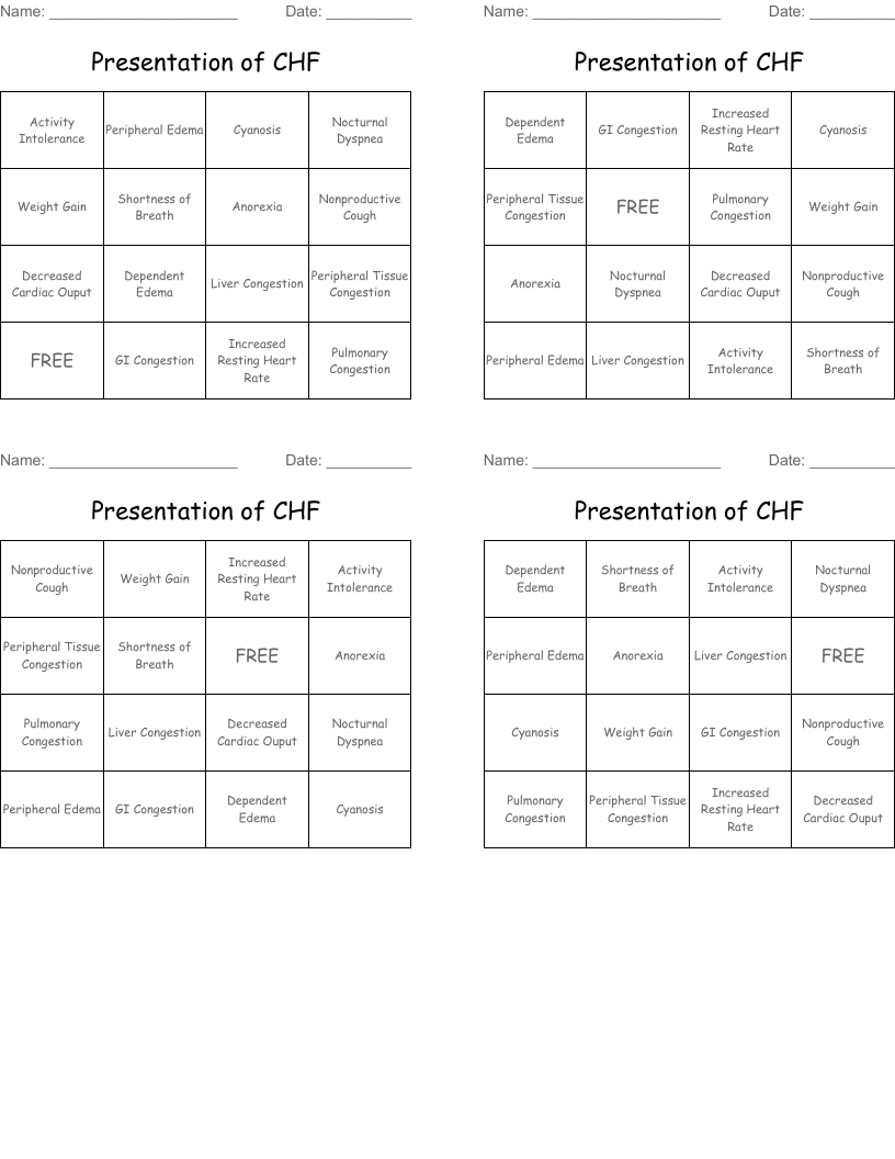 Presentation of CHF Bingo Cards