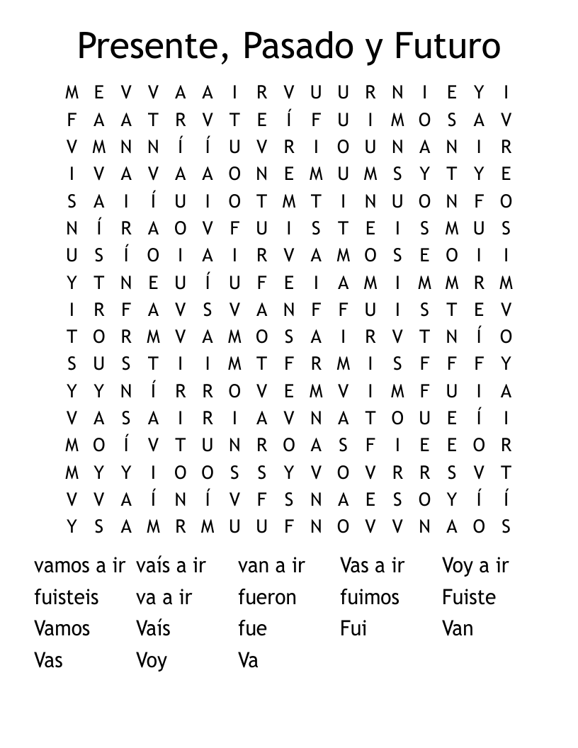 Presente, Pasado y Futuro Word Search
