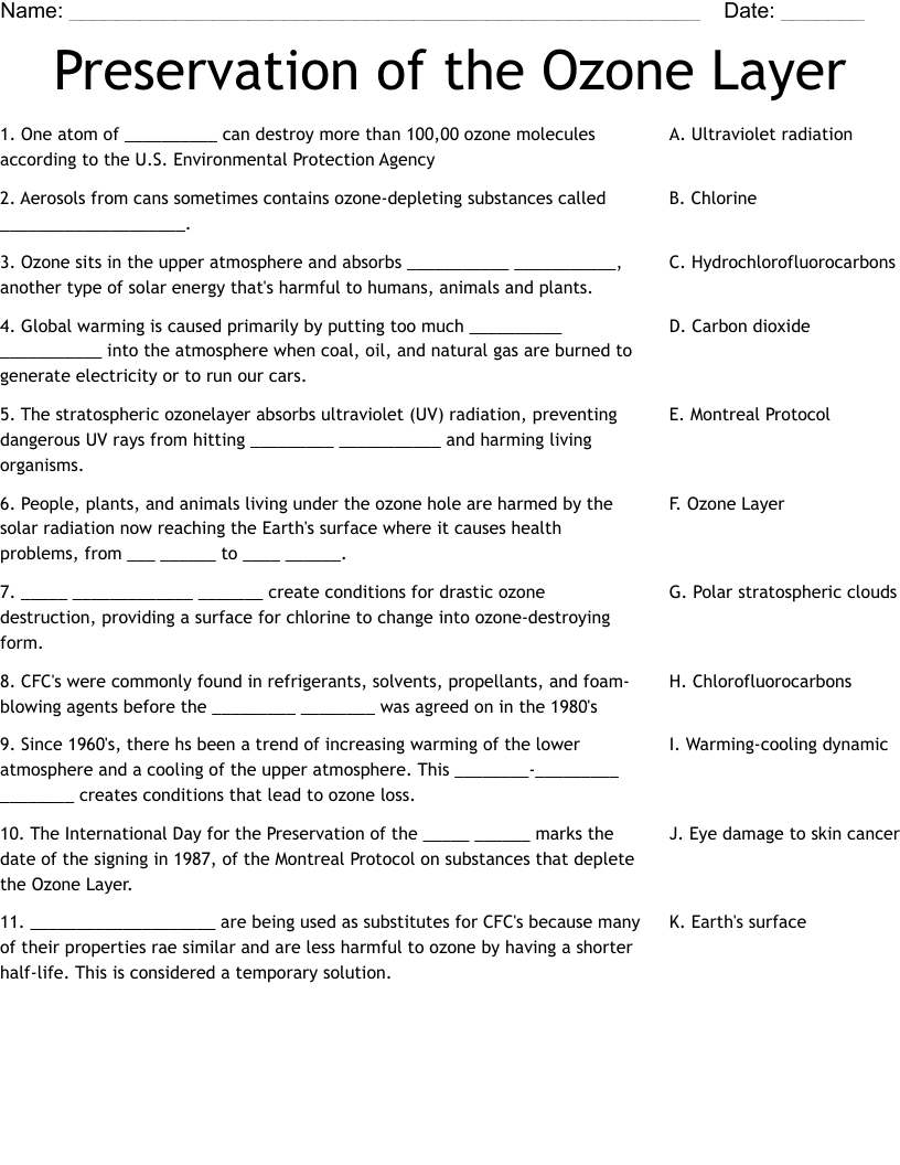 Preservation of the Ozone Layer  Worksheet