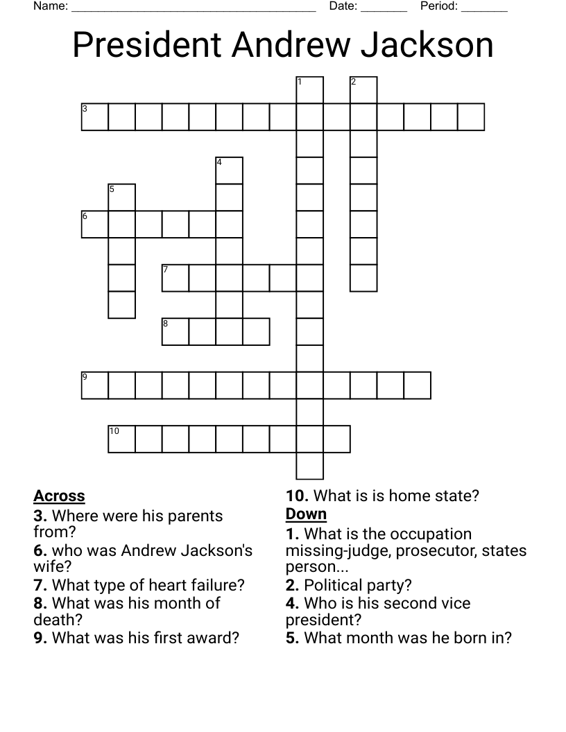 President Andrew Jackson Crossword