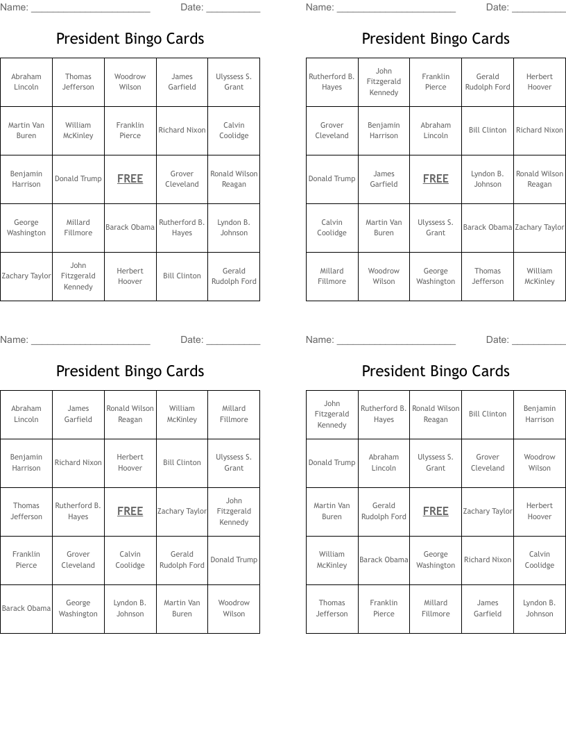 President Bingo Cards
