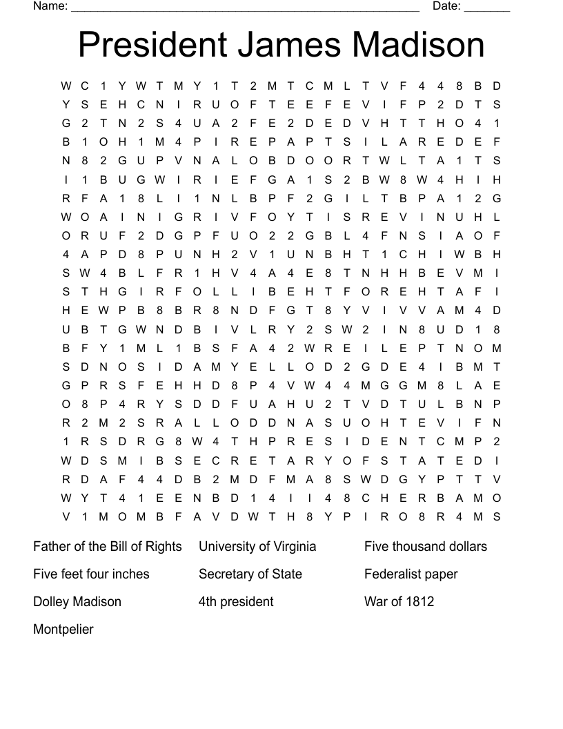 President James Madison Word Search