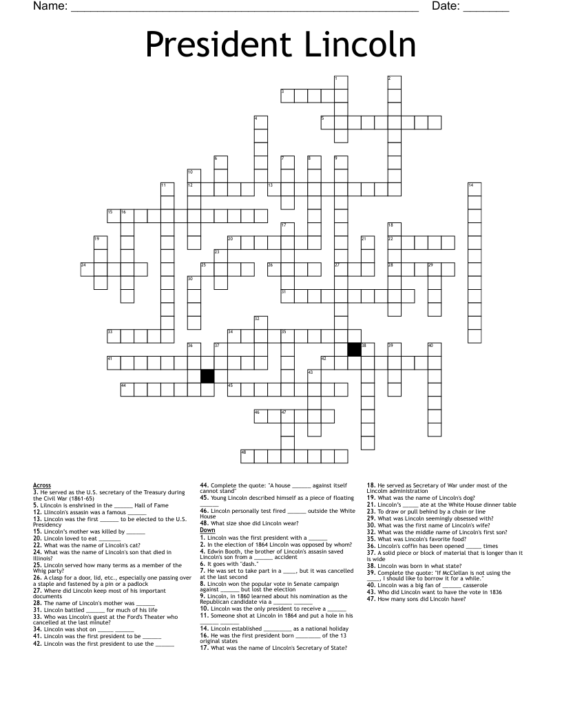 President Lincoln Crossword