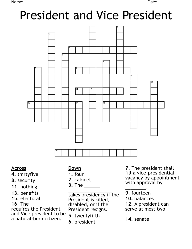 President and Vice President Crossword