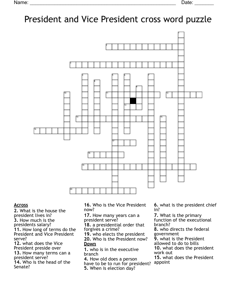 President and Vice President cross word puzzle