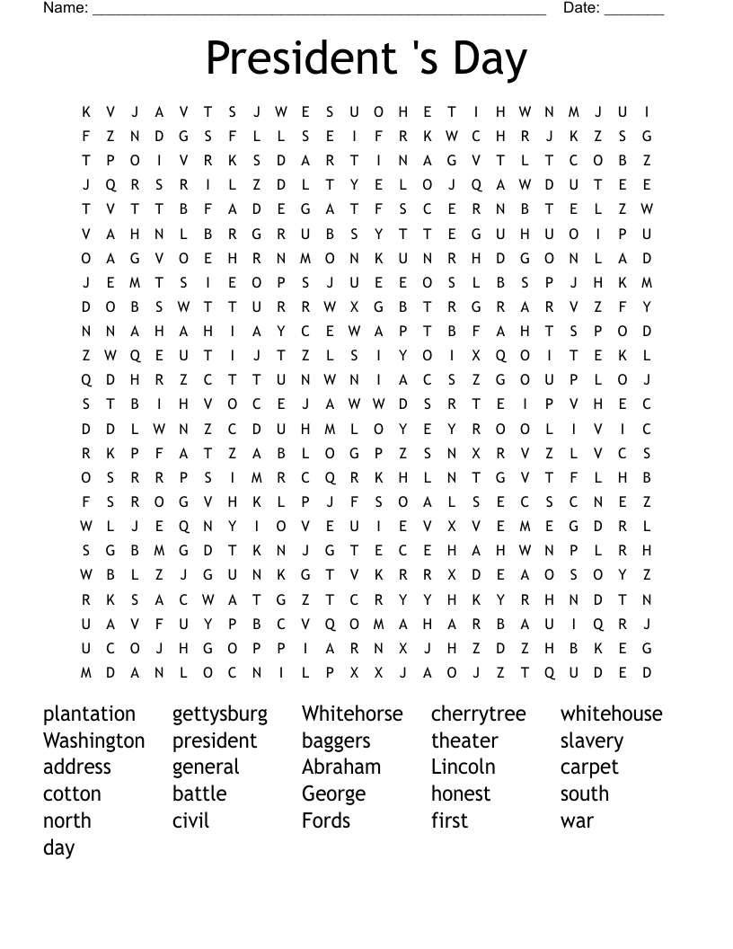 President 's Day Word Search