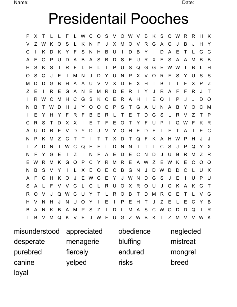 Presidentail Pooches Word Search