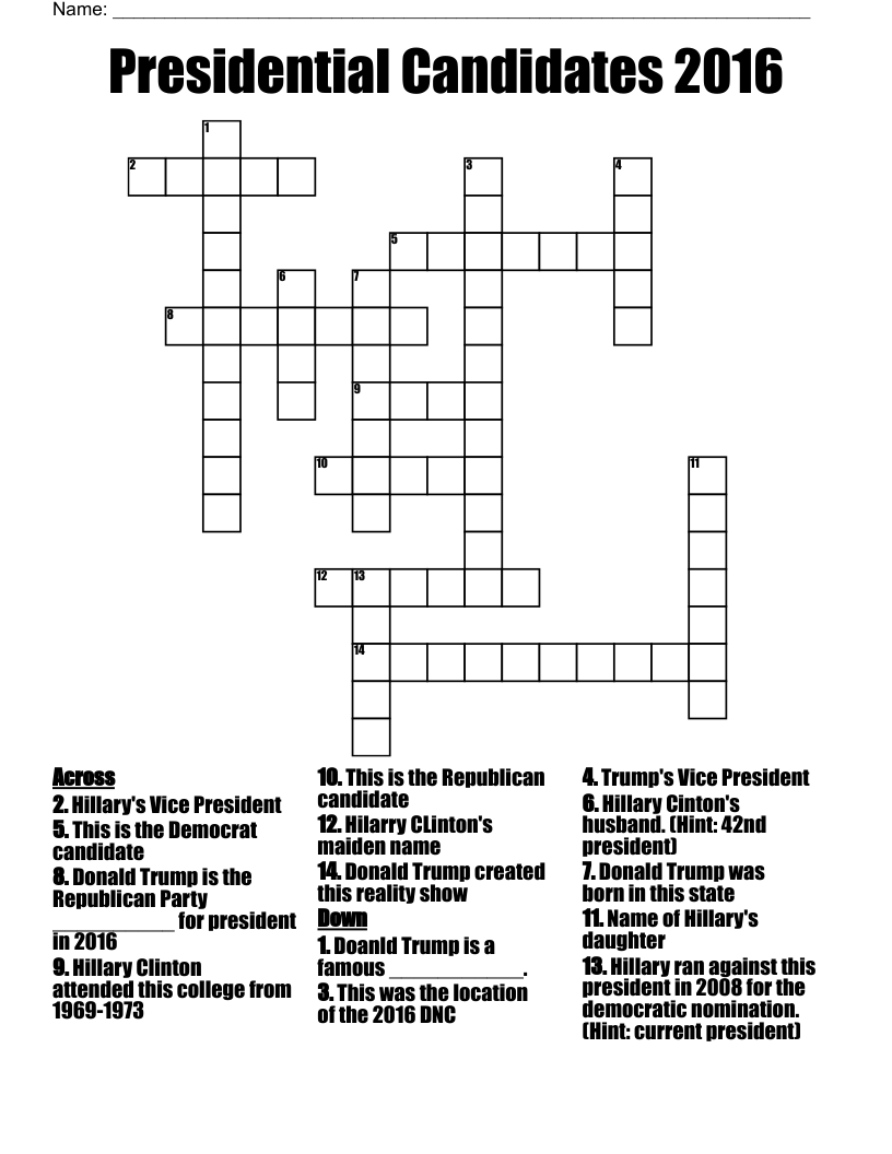 Presidential Candidates 2016 Crossword