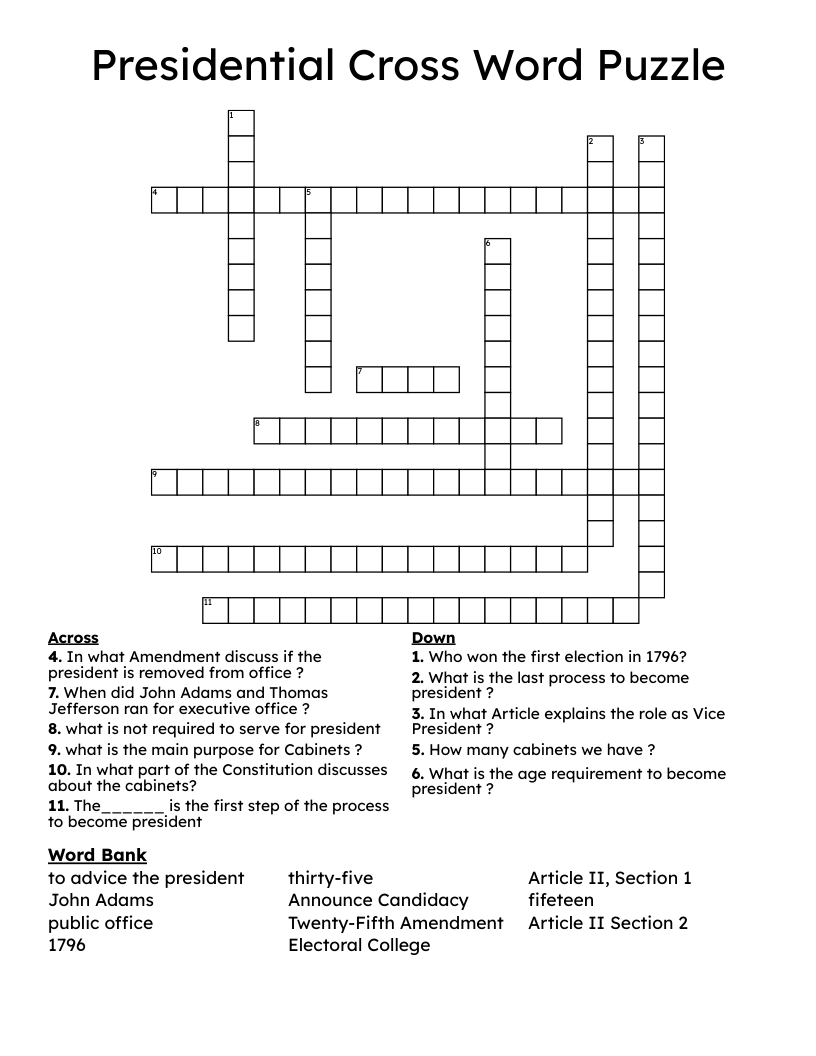 Presidential Cross Word Puzzle 