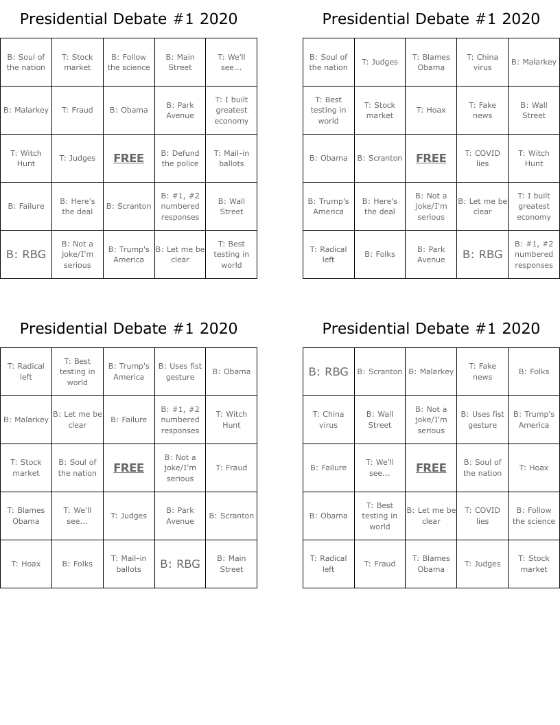 Presidential Debate #1 2020 Bingo Cards