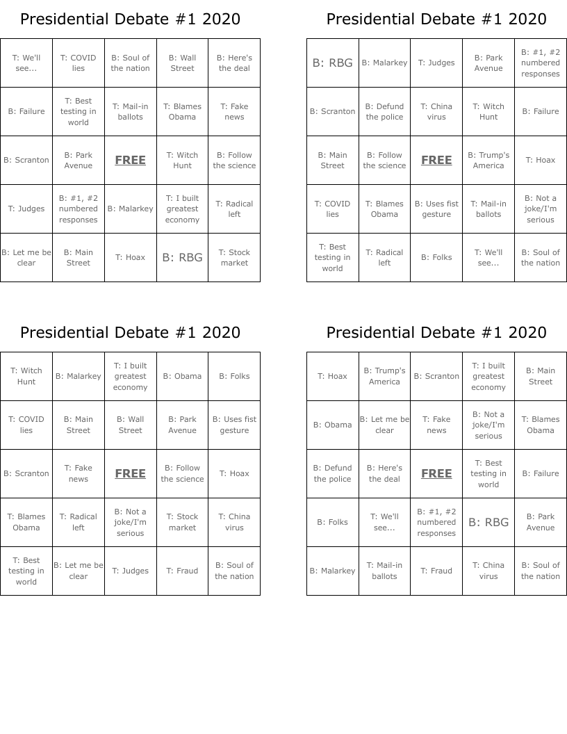 Presidential Debate #1 2020 Bingo Cards