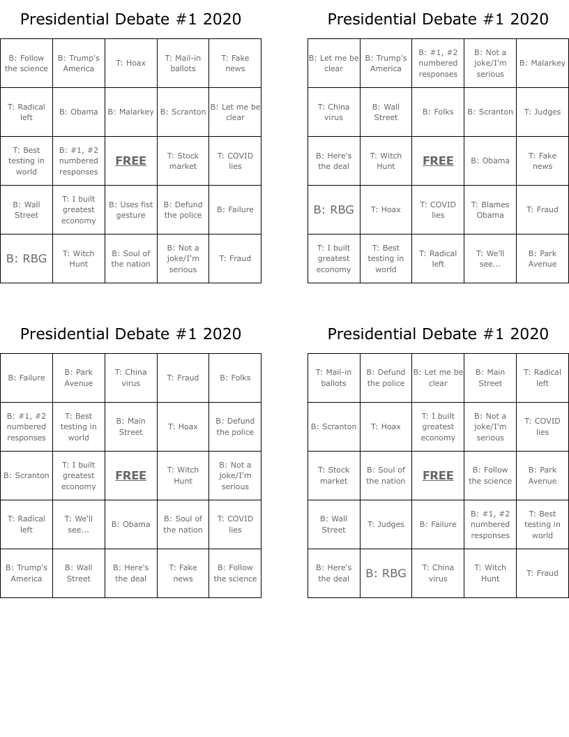 Presidential Debate #1 2020 Bingo Cards
