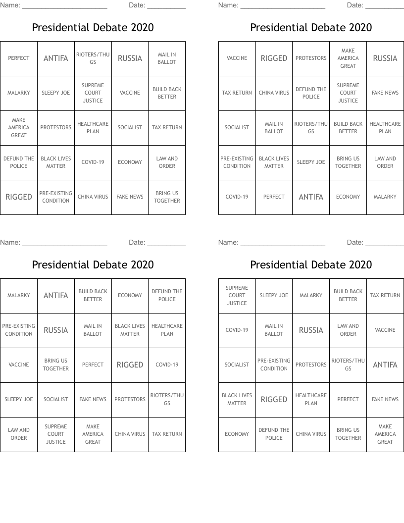 Presidential Debate 2020 Bingo Cards