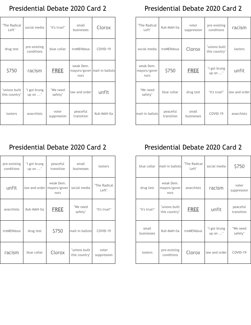 Presidential Debate 2020 Card 2 Bingo Cards