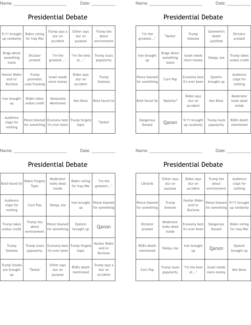 Presidential Debate Bingo Cards