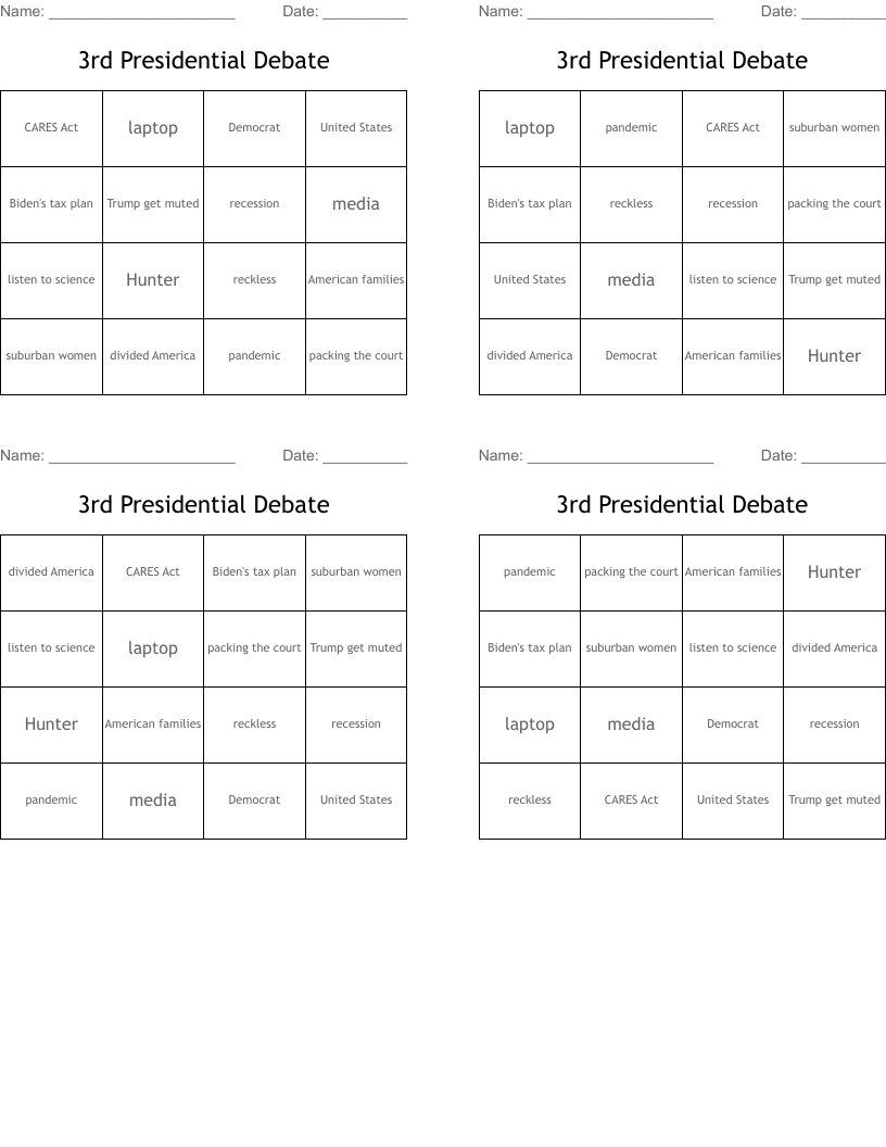 3rd Presidential Debate Bingo Cards