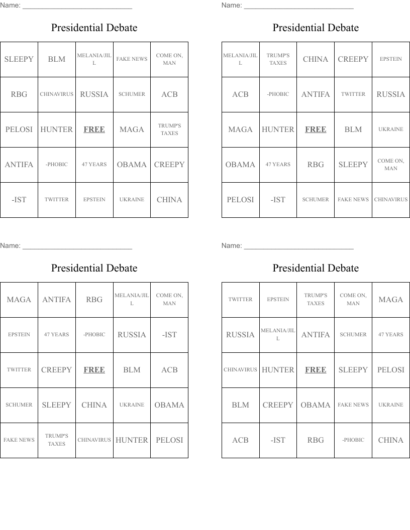 Presidential Debate Bingo Cards