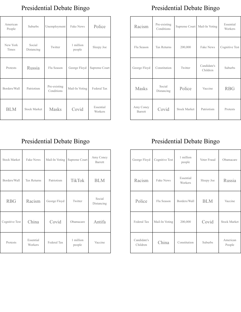 Presidential Debate Bingo