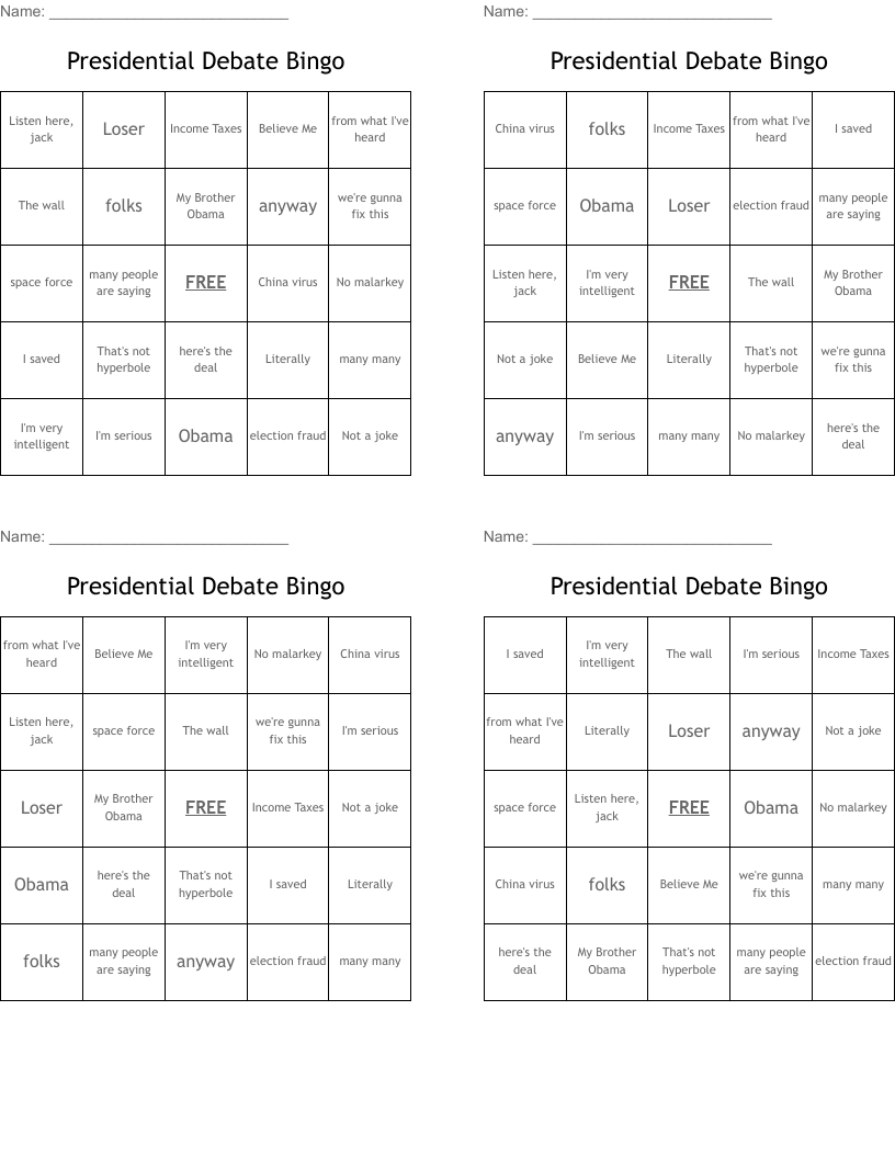 Presidential Debate Bingo