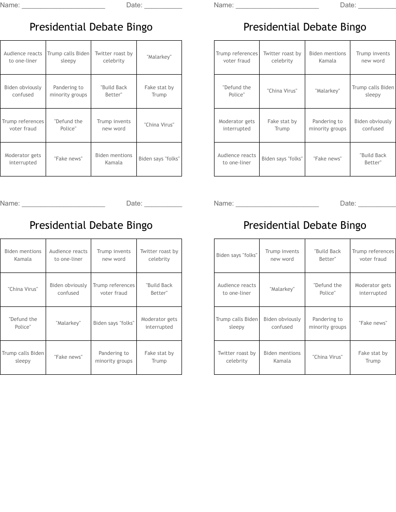 Presidential Debate Bingo