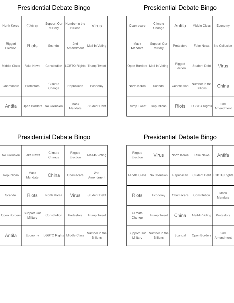 Presidential Debate Bingo
