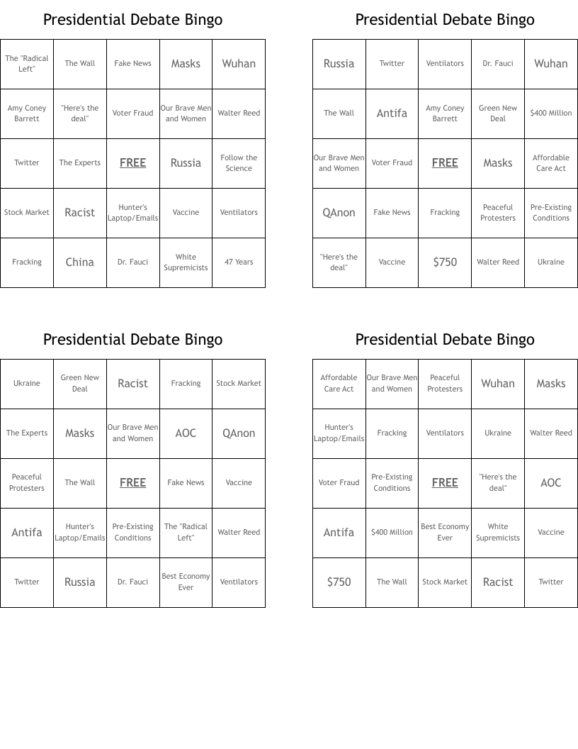 Presidential Debate Bingo