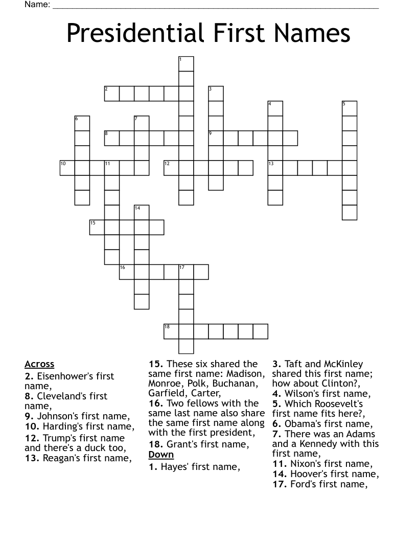 Presidential First Names Crossword