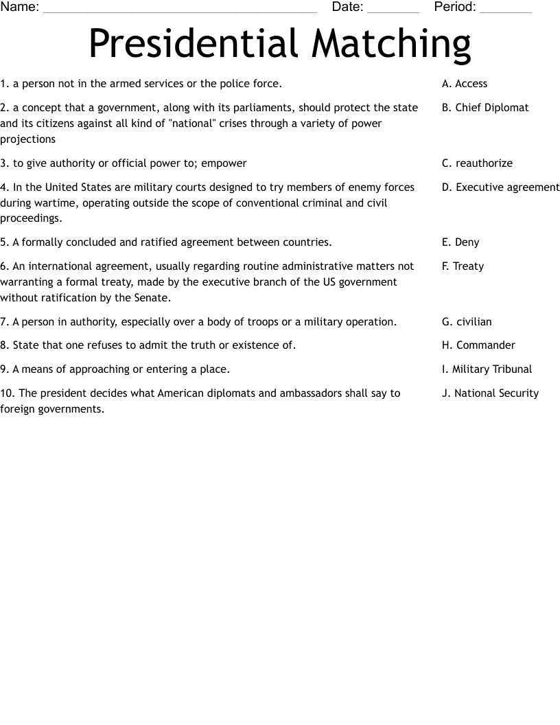 Presidential Matching Worksheet