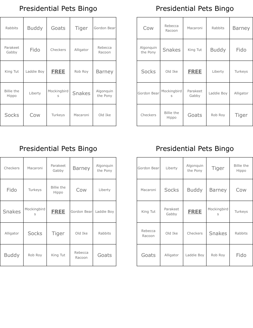 Presidential Pets Bingo
