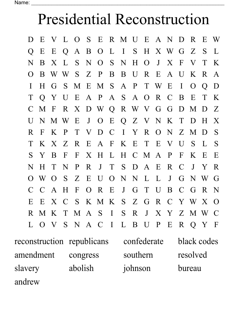 Presidential Reconstruction Word Search